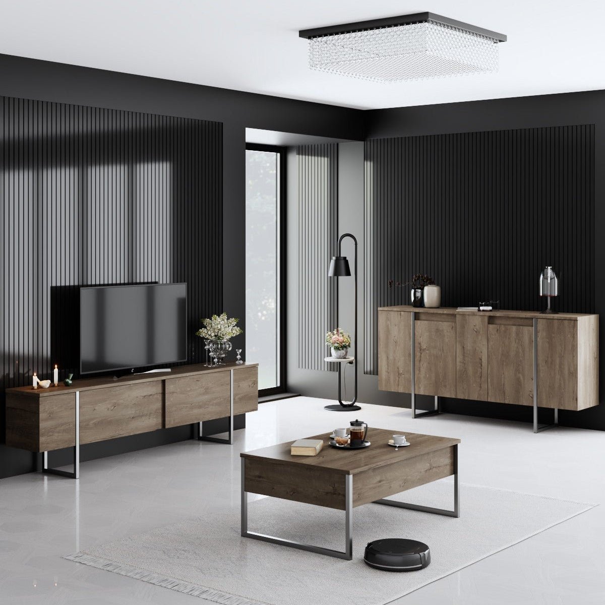 Ensemble de meubles de luxe en noyer - Table basse, meuble TV et buffet - Cadre argenté