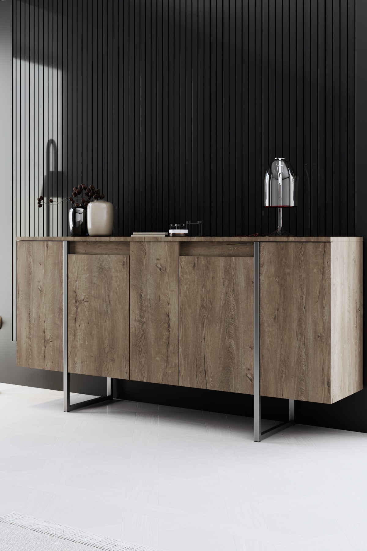 Ensemble de meubles de luxe en noyer - Table basse, meuble TV et buffet - Cadre argenté