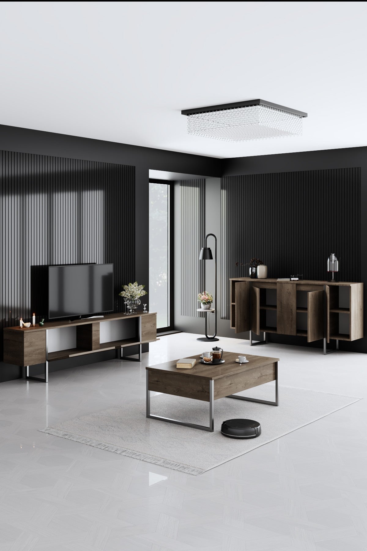 Ensemble de meubles de luxe en noyer - Table basse, meuble TV et buffet - Cadre argenté
