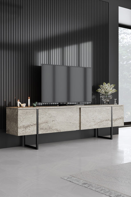 Ensemble de meubles de luxe en travertin : table basse, meuble TV et commode de luxe, cadre noir