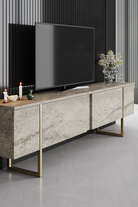 Ensemble de meubles de luxe en travertin - Table basse + meuble TV + commode de luxe - Cadre doré