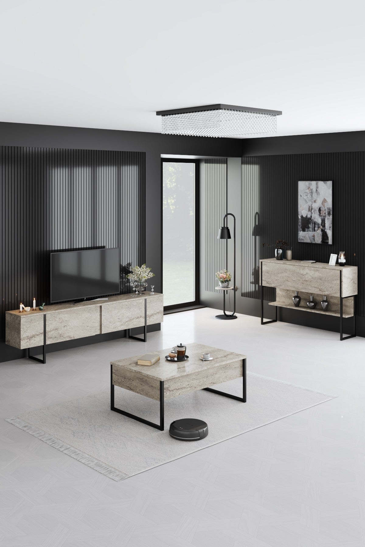 Meuble TV Travertin Luxe 180x50x30 - Cadre Noir