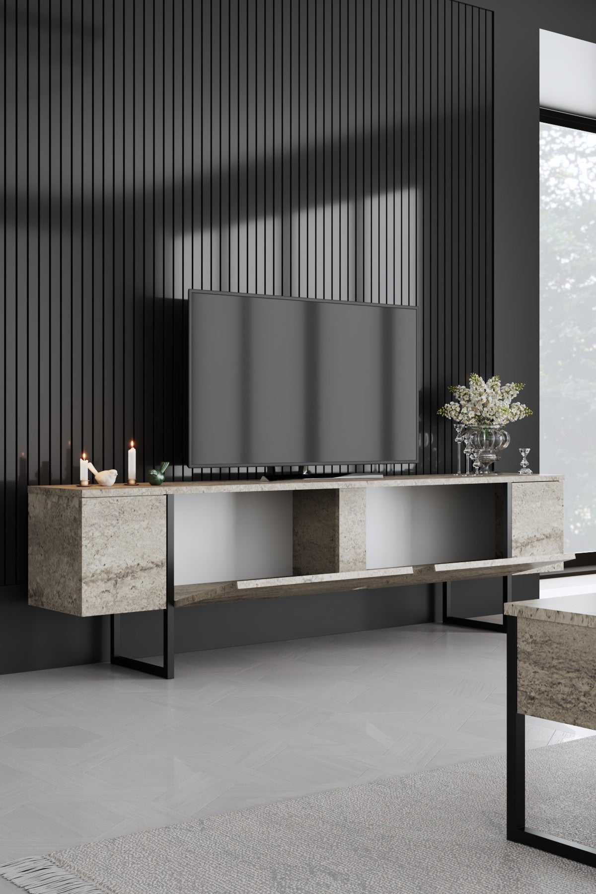 Meuble TV Travertin Luxe 180x50x30 - Cadre Noir