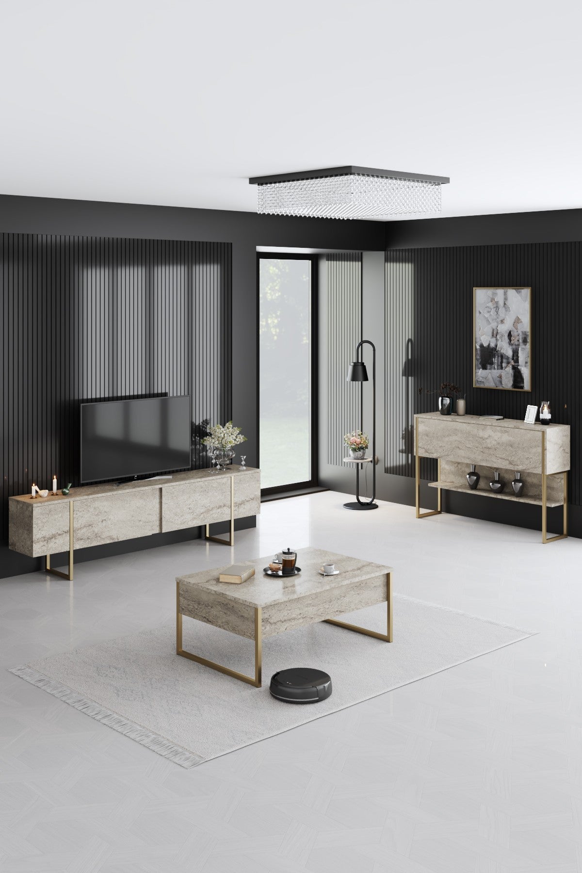 Meuble TV Travertin Luxe 180x50x30 - Cadre Doré
