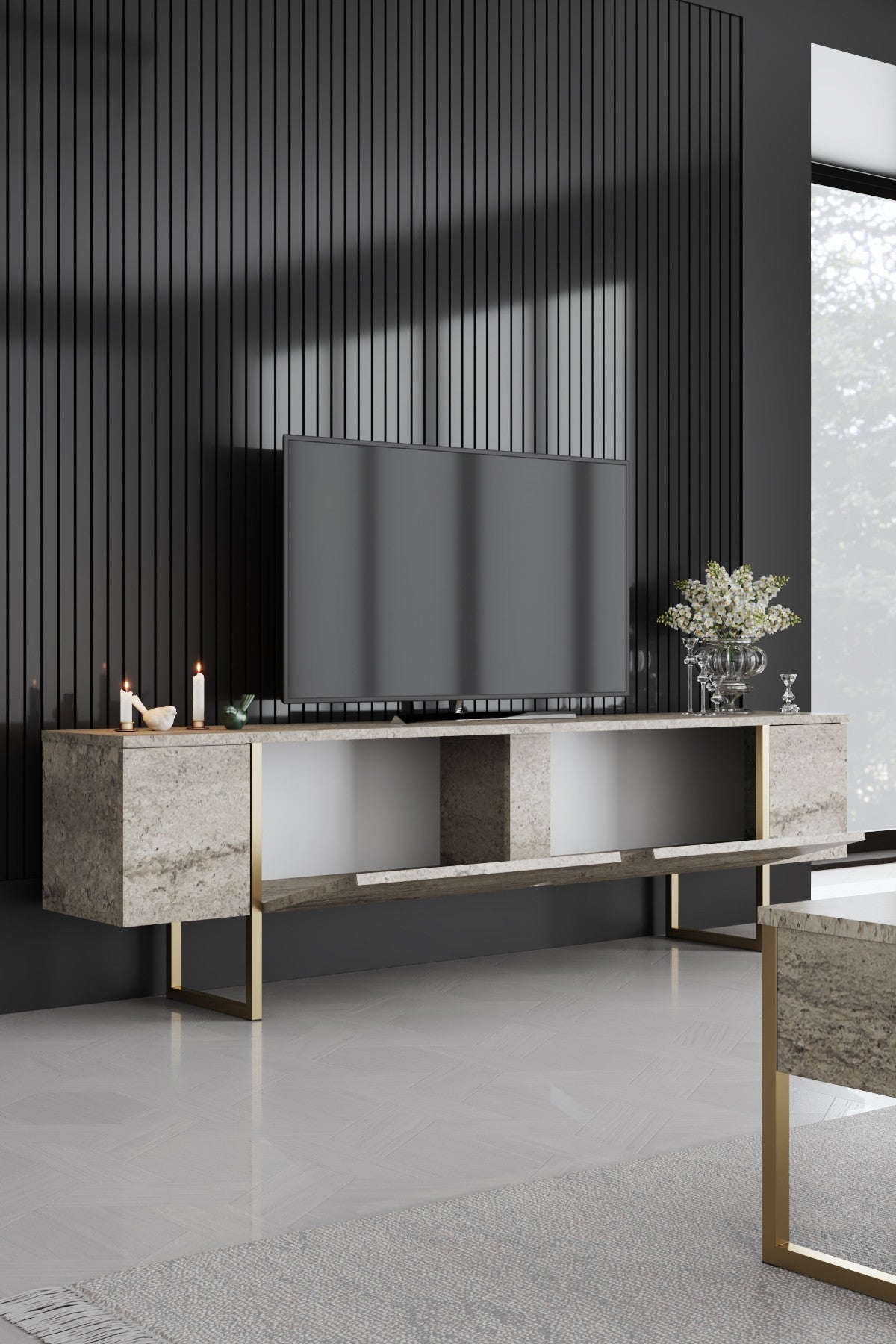 Meuble TV Travertin Luxe 180x50x30 - Cadre Doré