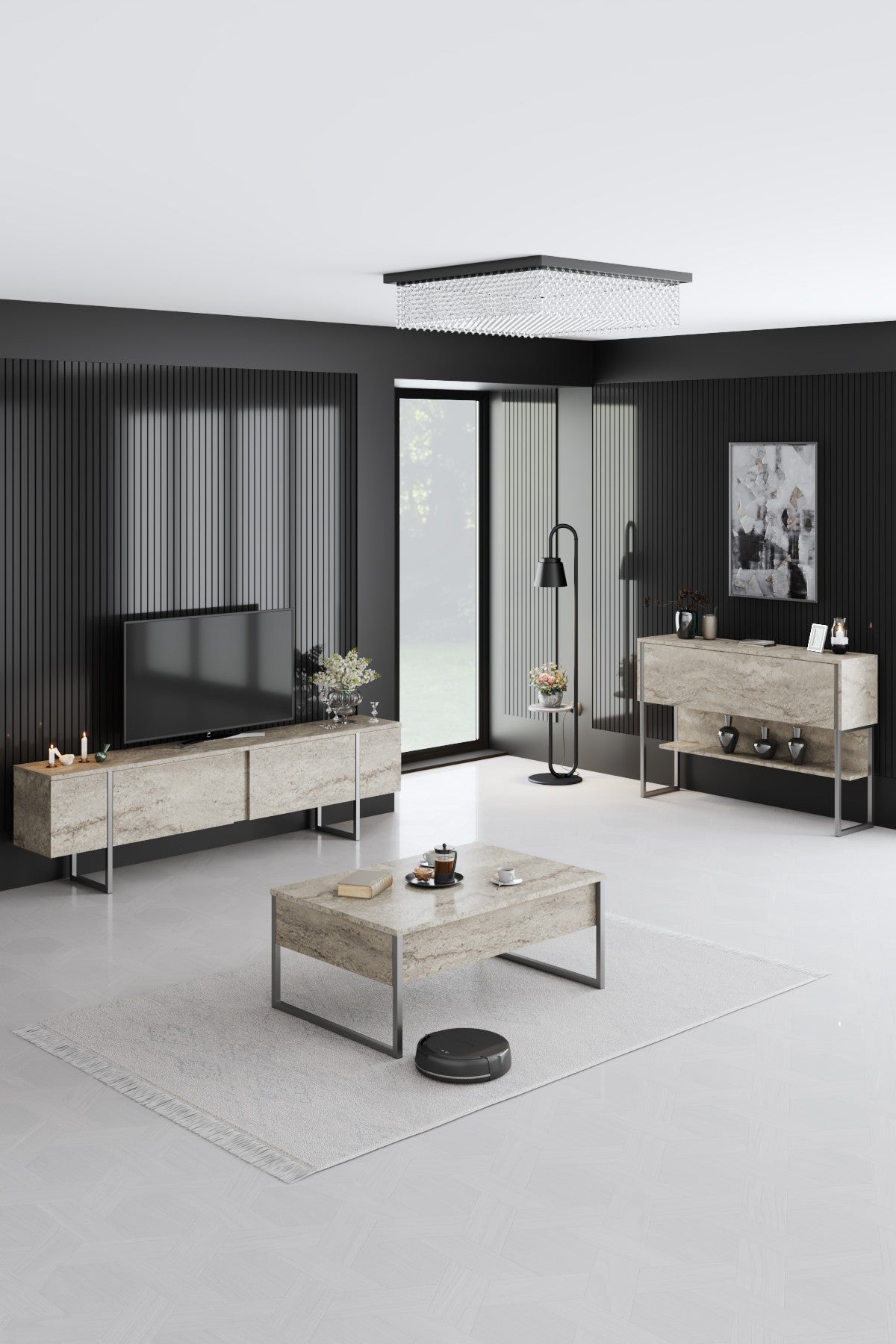 Meuble TV Travertin Luxe 180x50x30 - Cadre Argent