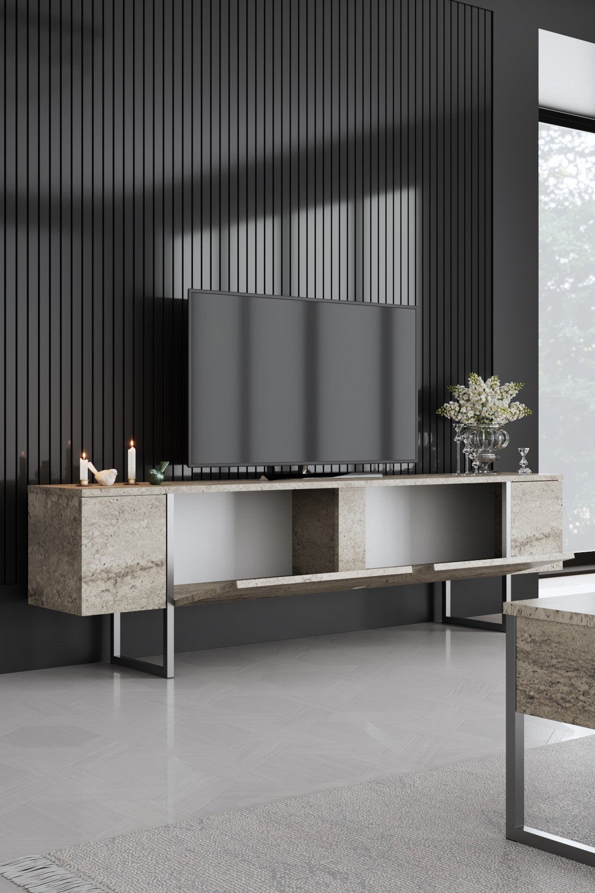 Meuble TV Travertin Luxe 180x50x30 - Cadre Argent