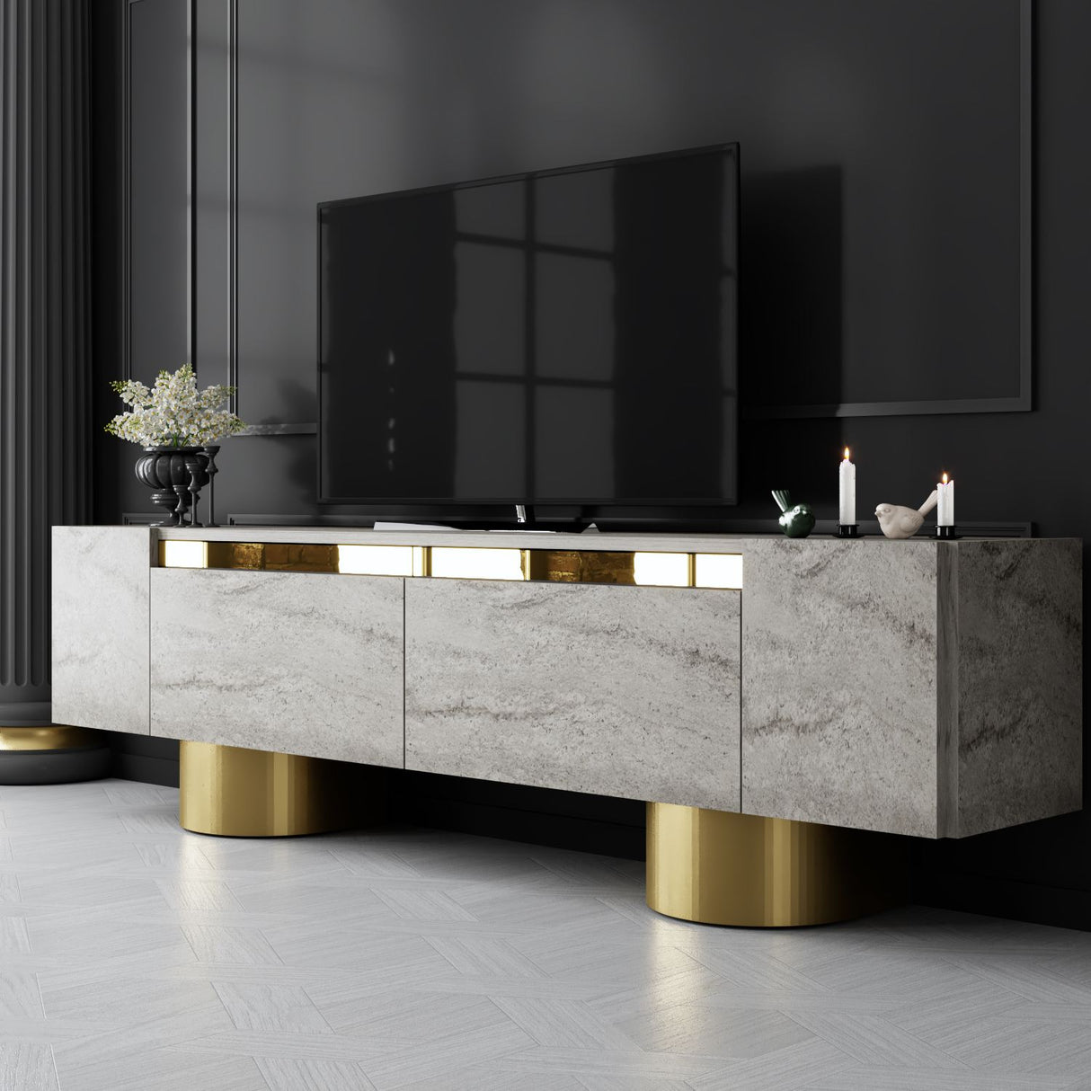 Meuble TV Travertin Bohem 180x50x30 - Cadre Doré