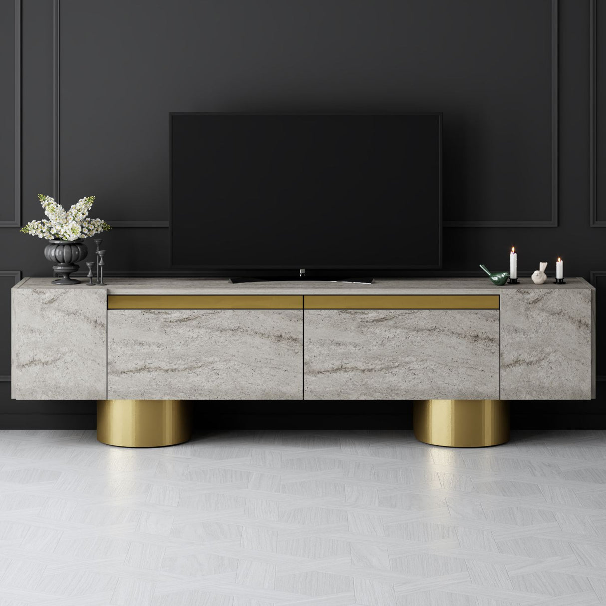 Meuble TV Travertin Bohem 180x50x30 - Cadre Doré