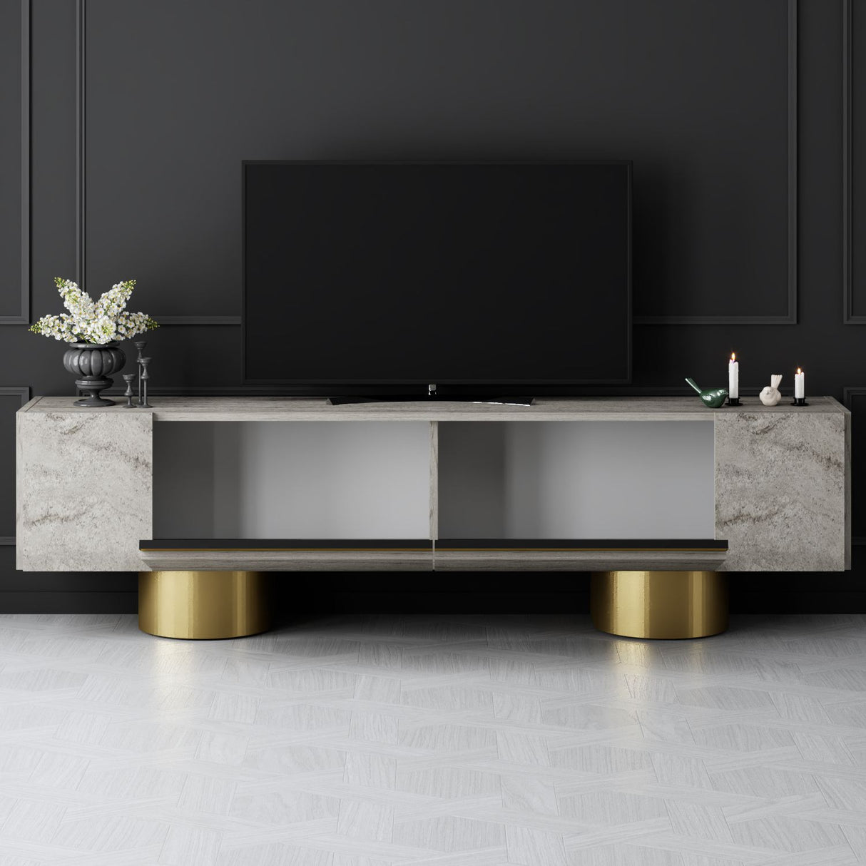 Meuble TV Travertin Bohem 180x50x30 - Cadre Doré
