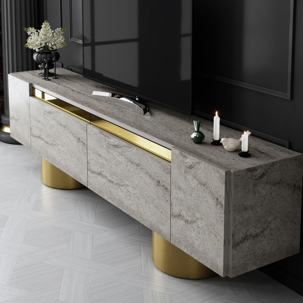 Meuble TV Travertin Bohem 180x50x30 - Cadre Doré
