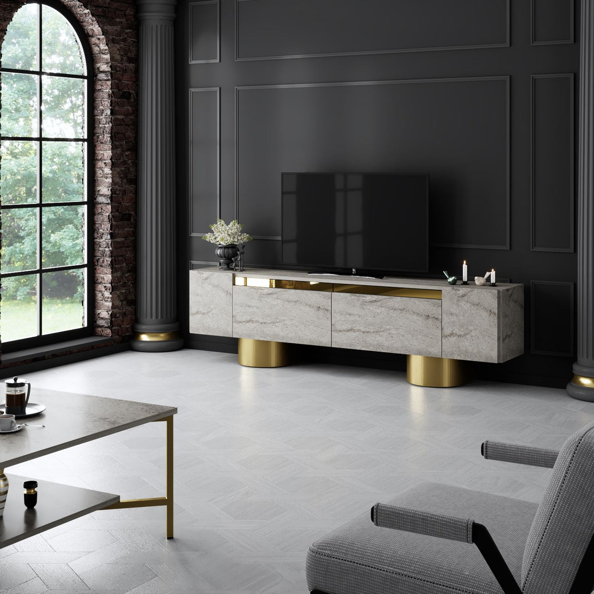 Meuble TV Travertin Bohem 180x50x30 - Cadre Doré