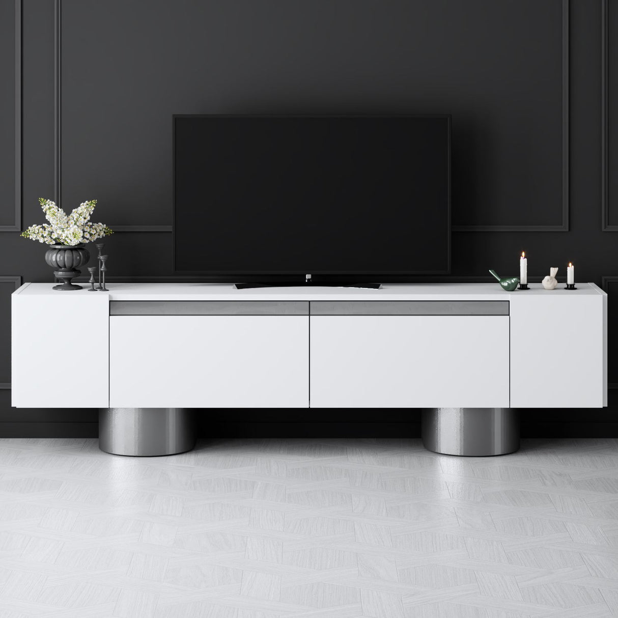 TV Meubels - TV Meubel Wit Bohem 180x50x30 - Zilver Frame - Dimehouse