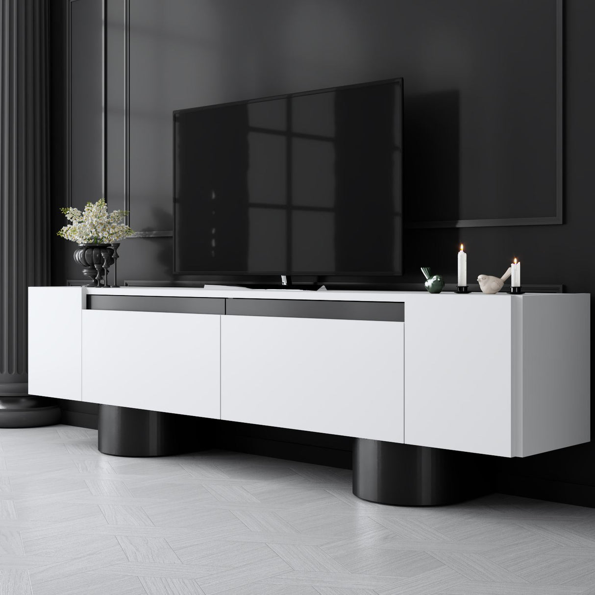 Meuble TV Bohemia Blanc 180x50x30 - Cadre Noir