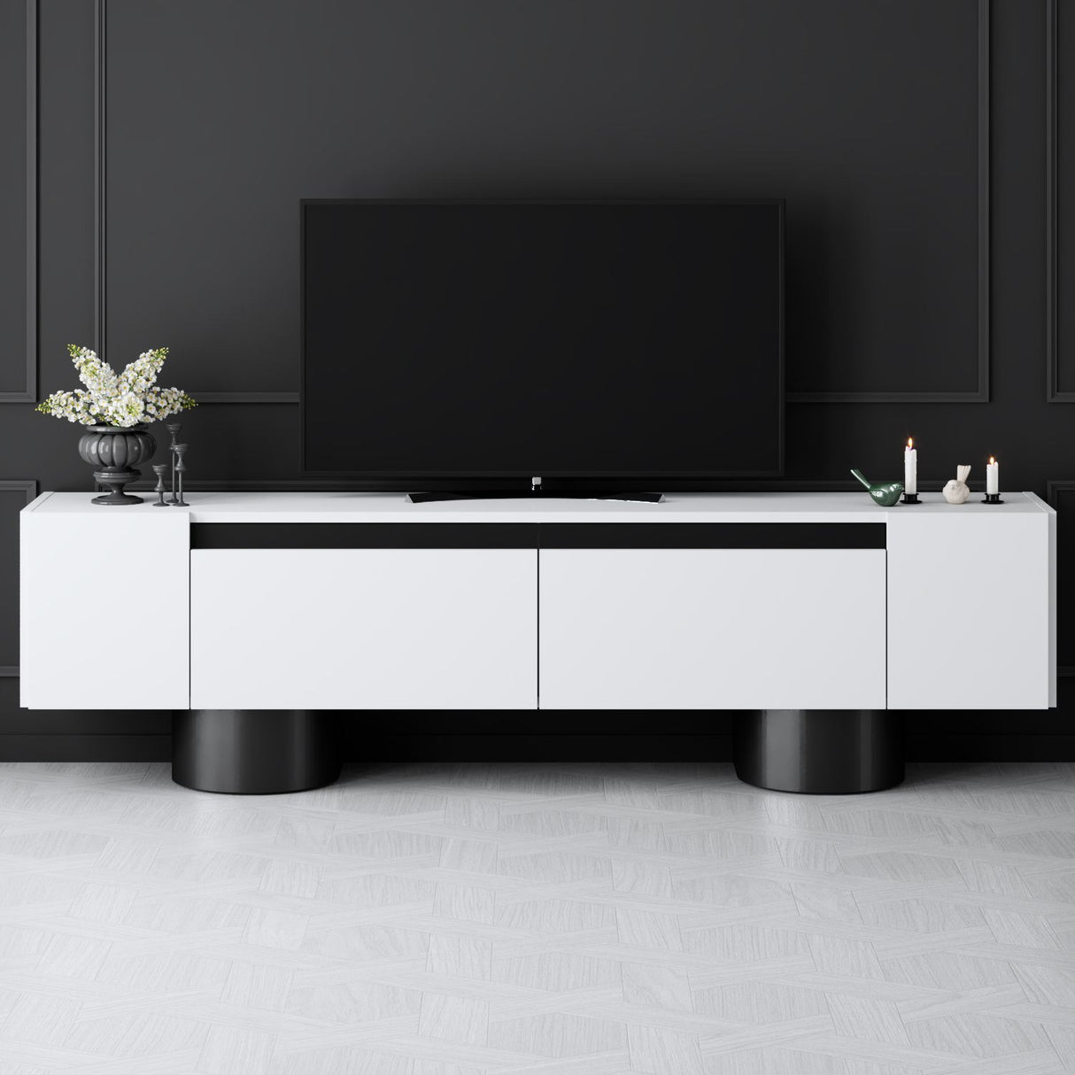 Meuble TV Bohemia Blanc 180x50x30 - Cadre Noir