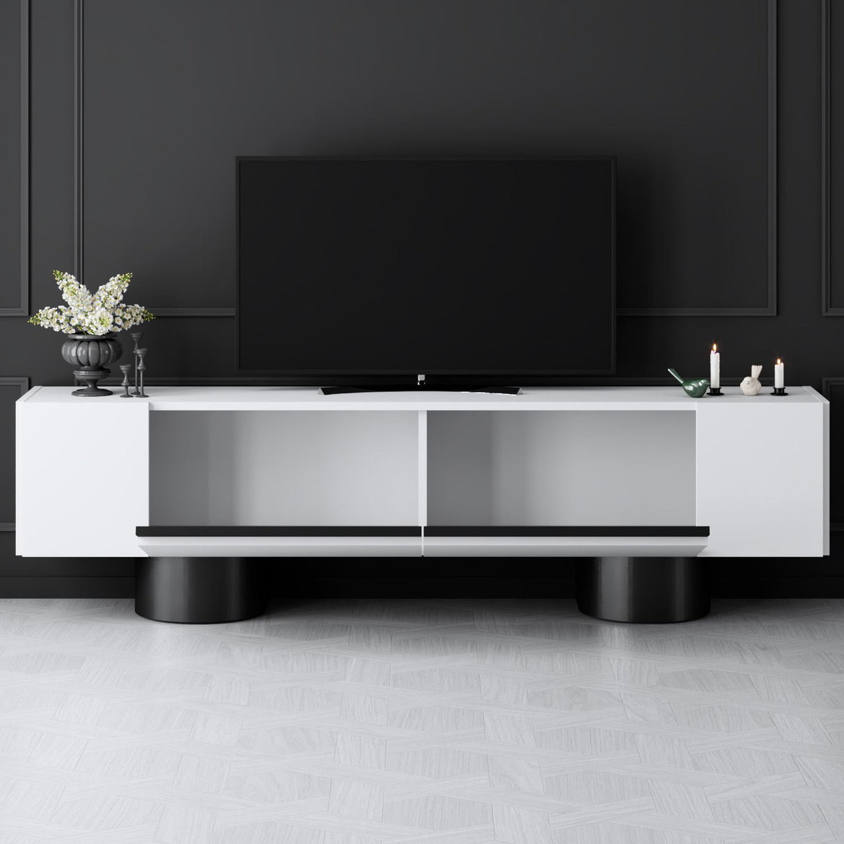Meuble TV Bohemia Blanc 180x50x30 - Cadre Noir