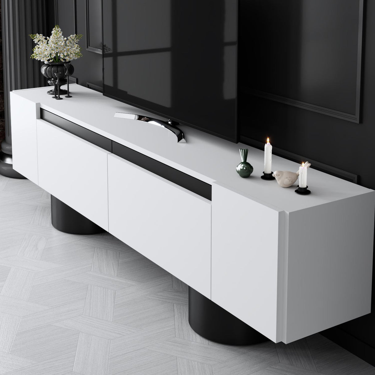 Meuble TV Bohemia Blanc 180x50x30 - Cadre Noir
