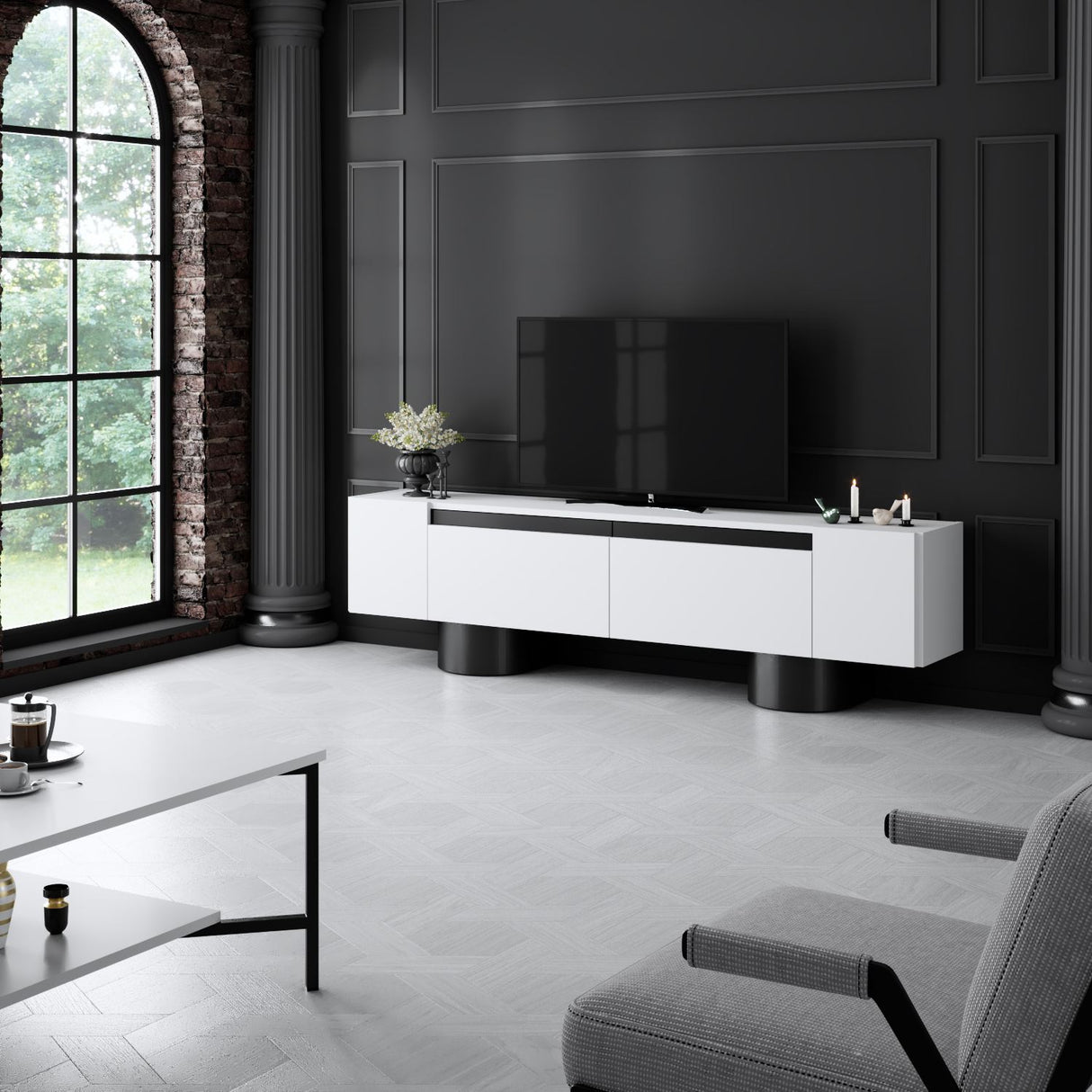 Meuble TV Bohemia Blanc 180x50x30 - Cadre Noir