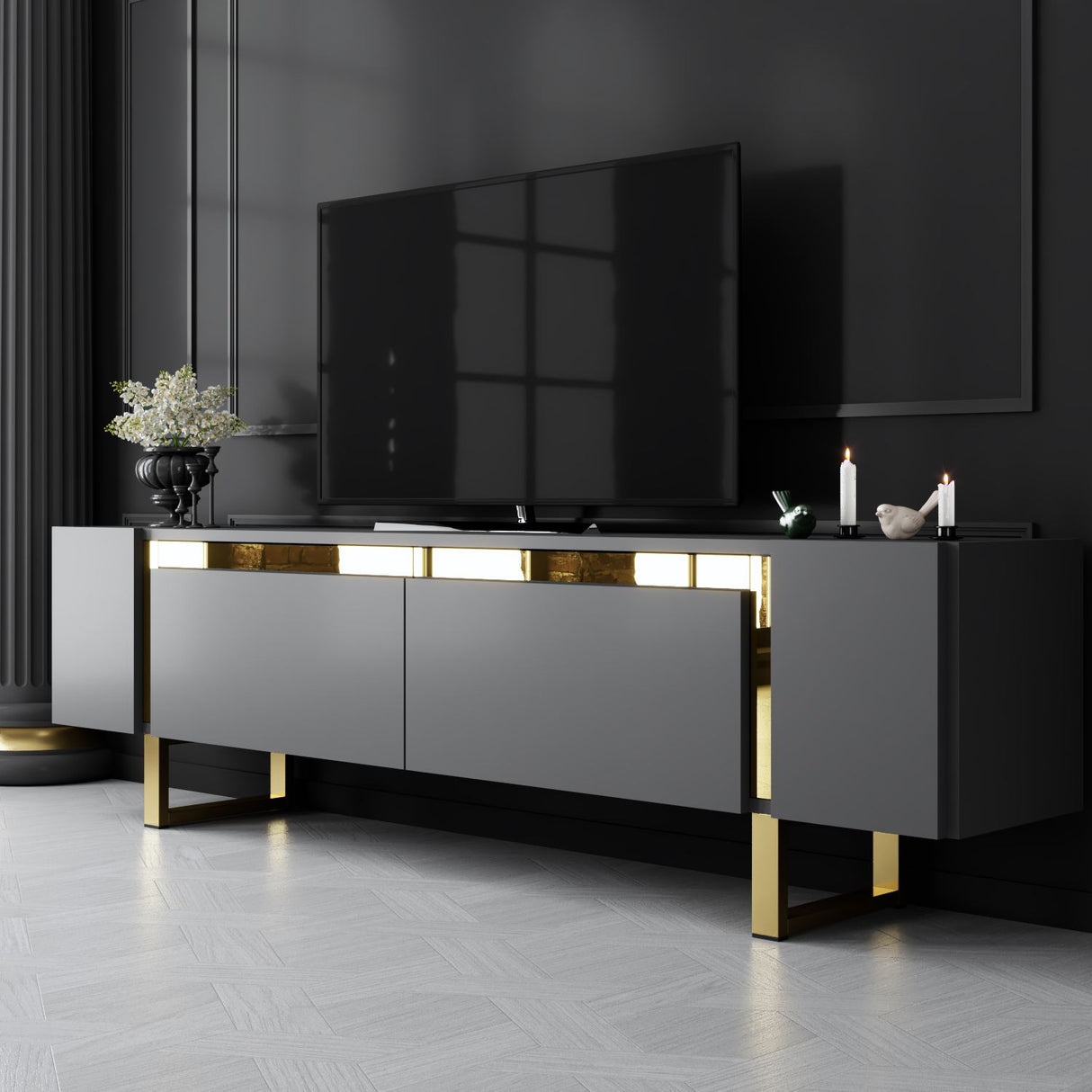 Meuble TV Anthracite Yildiz 180x50x30 - Cadre doré