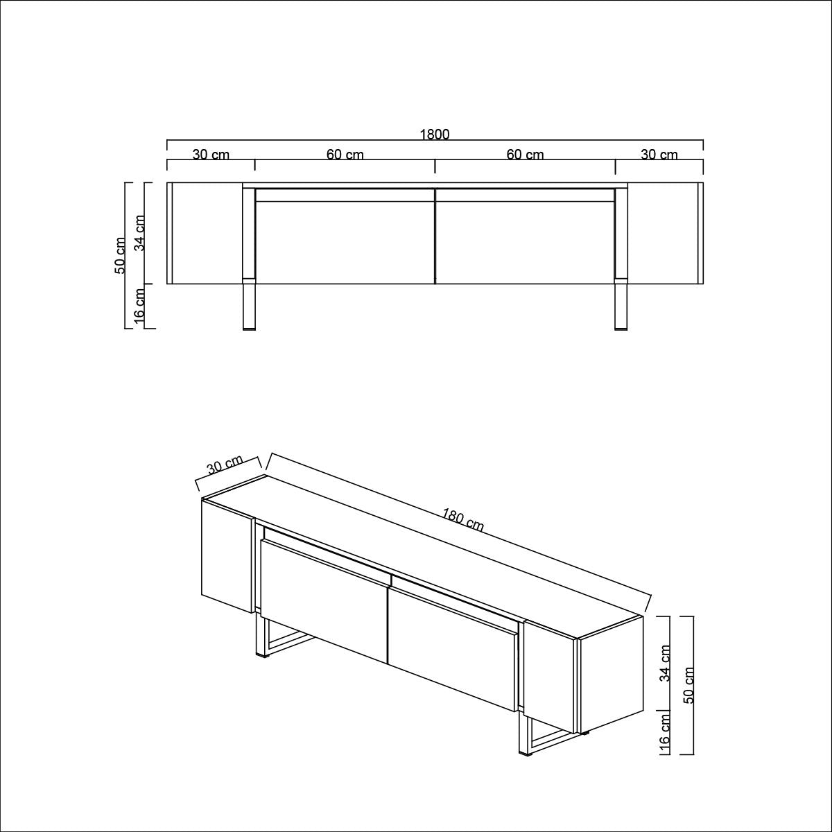 Meuble TV Anthracite Yildiz 180x50x30 - Cadre doré