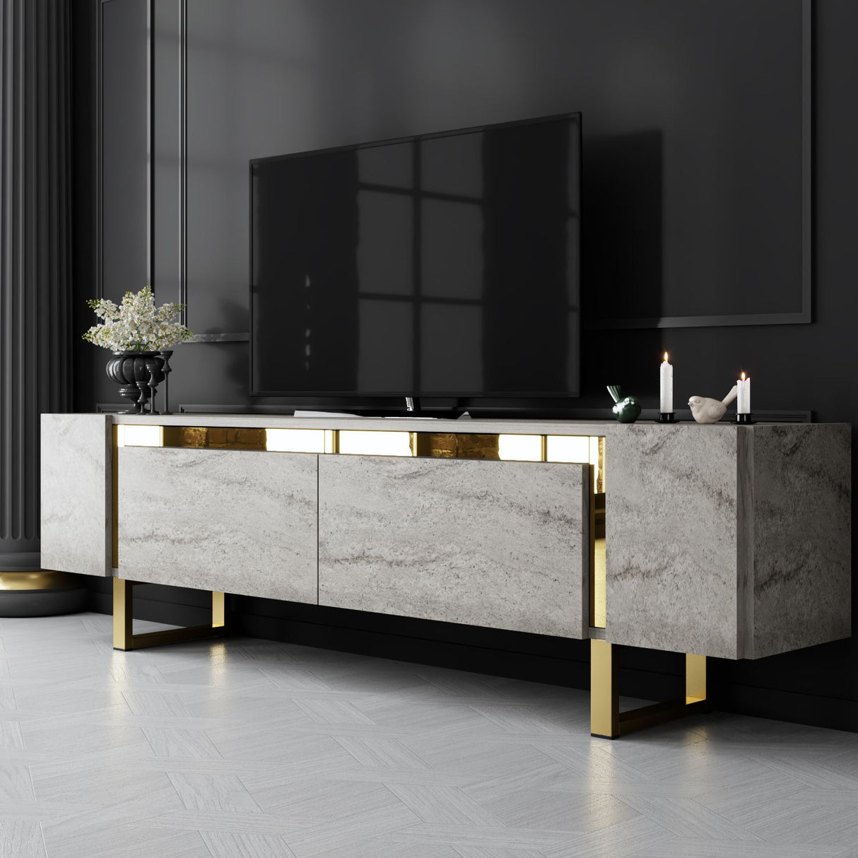 Meuble TV Travertin Yildiz 180x50x30 - Cadre Doré