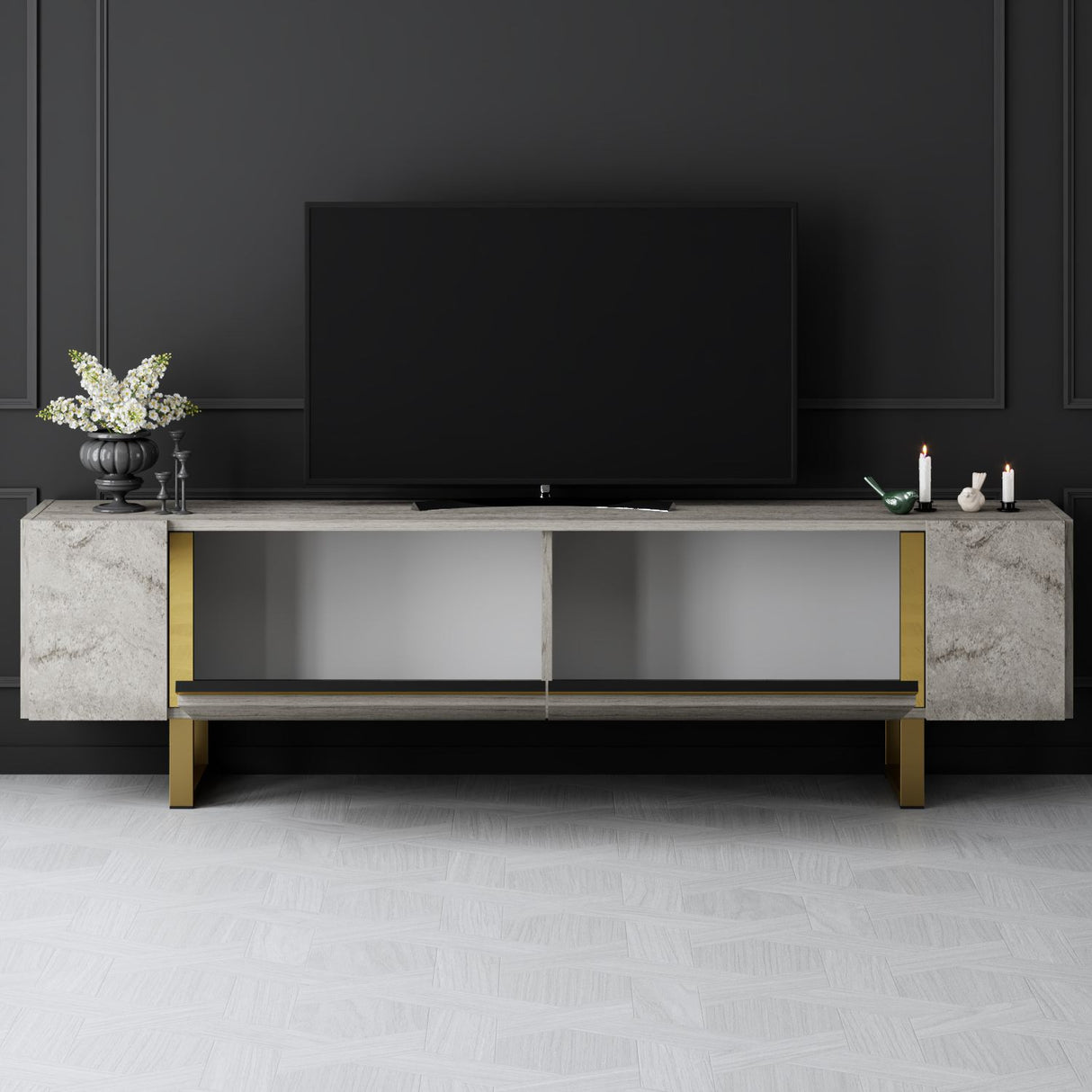 Meuble TV Travertin Yildiz 180x50x30 - Cadre Doré