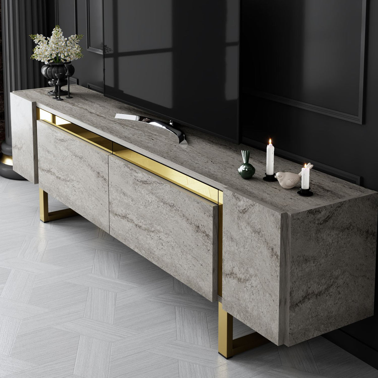 Meuble TV Travertin Yildiz 180x50x30 - Cadre Doré