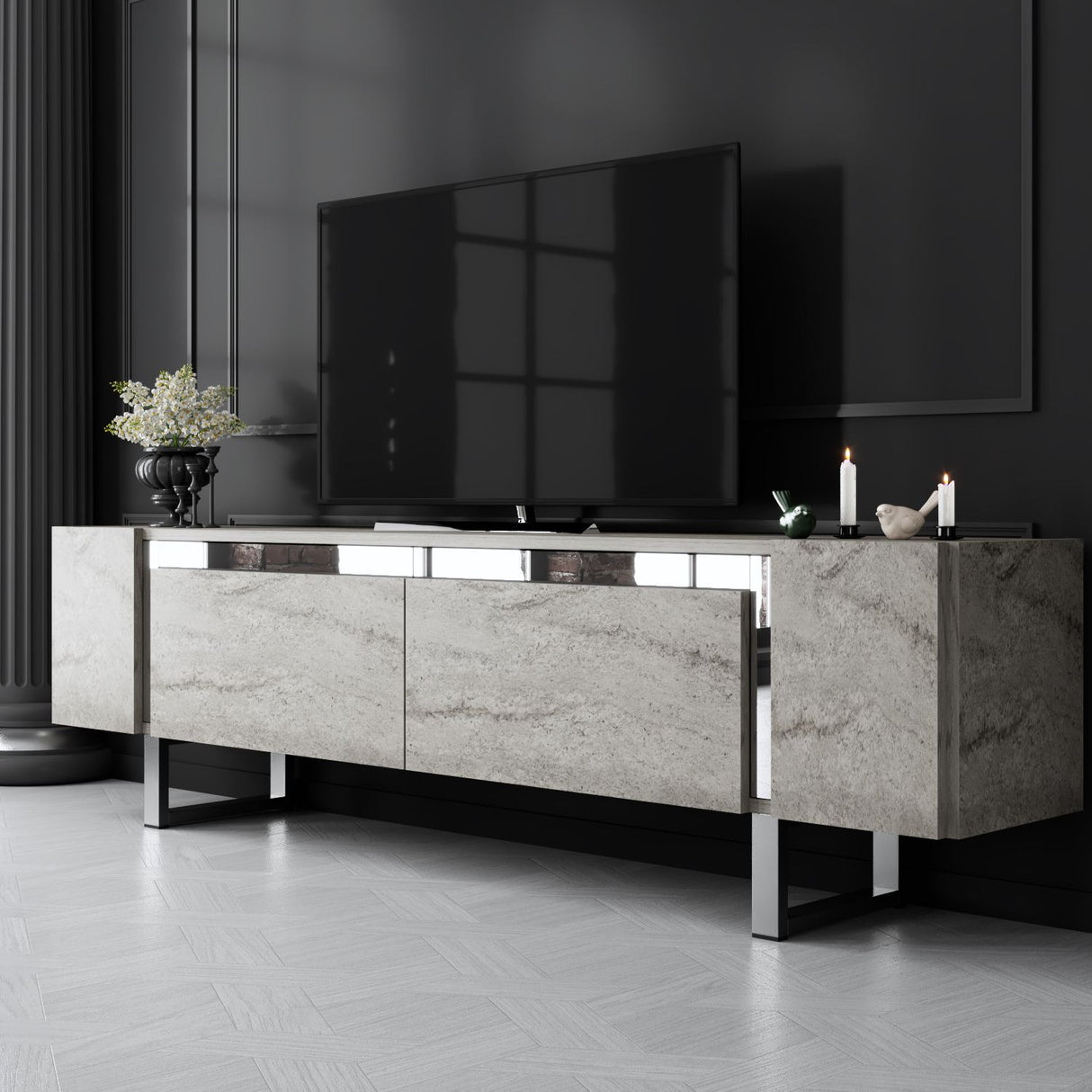 Meuble TV Travertin Yildiz 180x50x30 - Cadre Argent