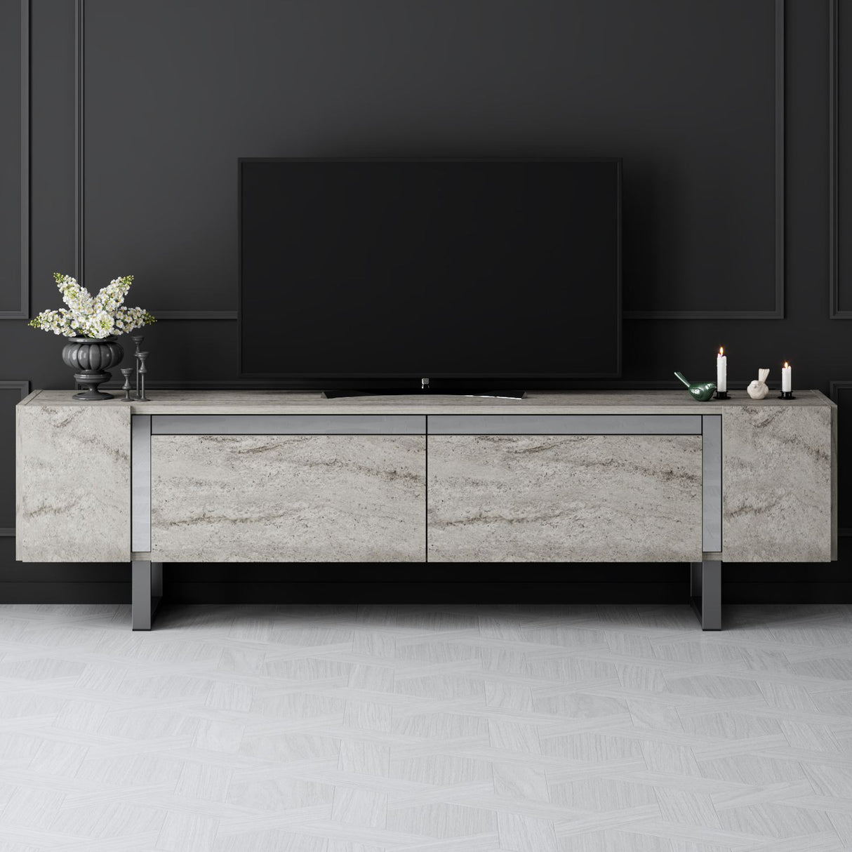 Meuble TV Travertin Yildiz 180x50x30 - Cadre Argent