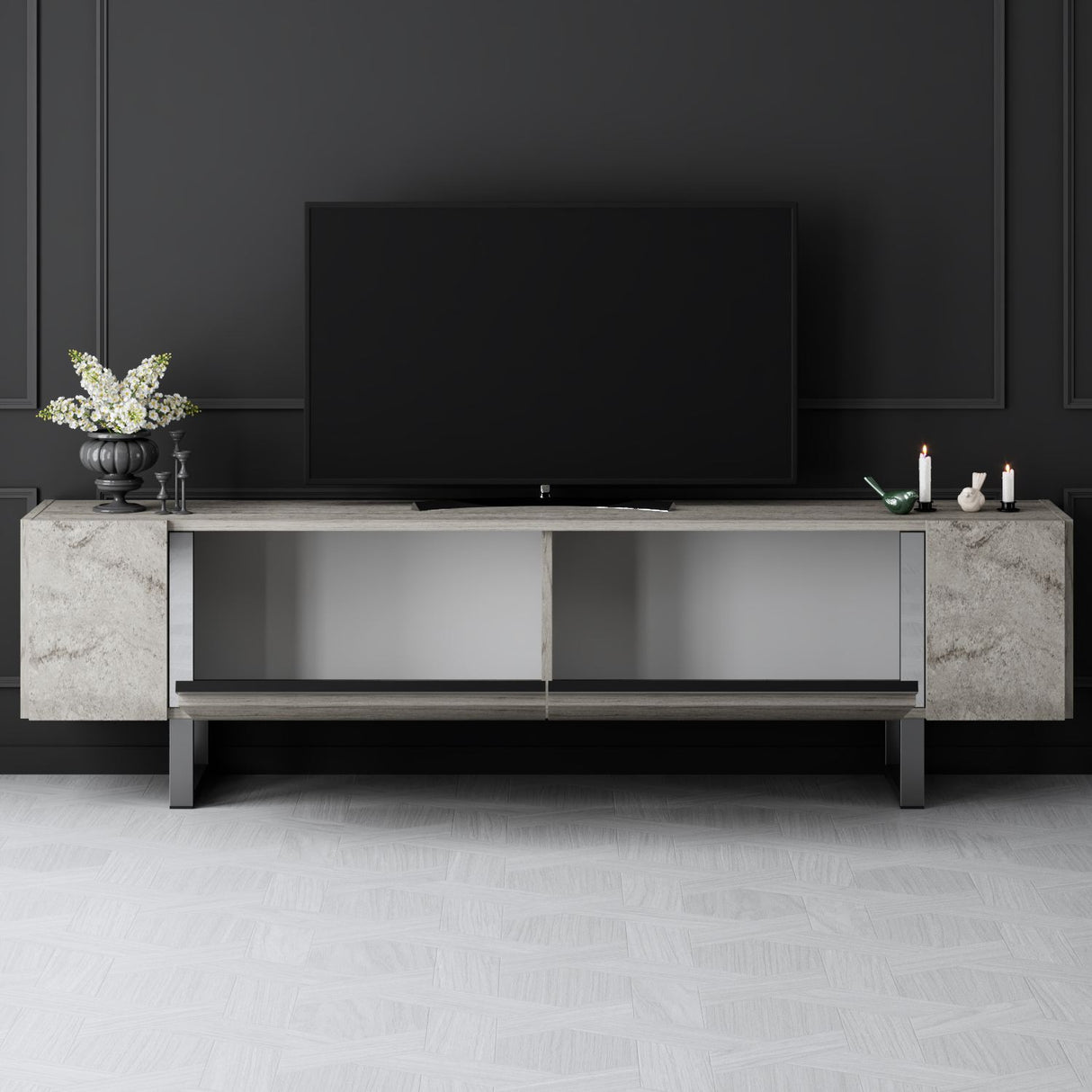 Meuble TV Travertin Yildiz 180x50x30 - Cadre Argent