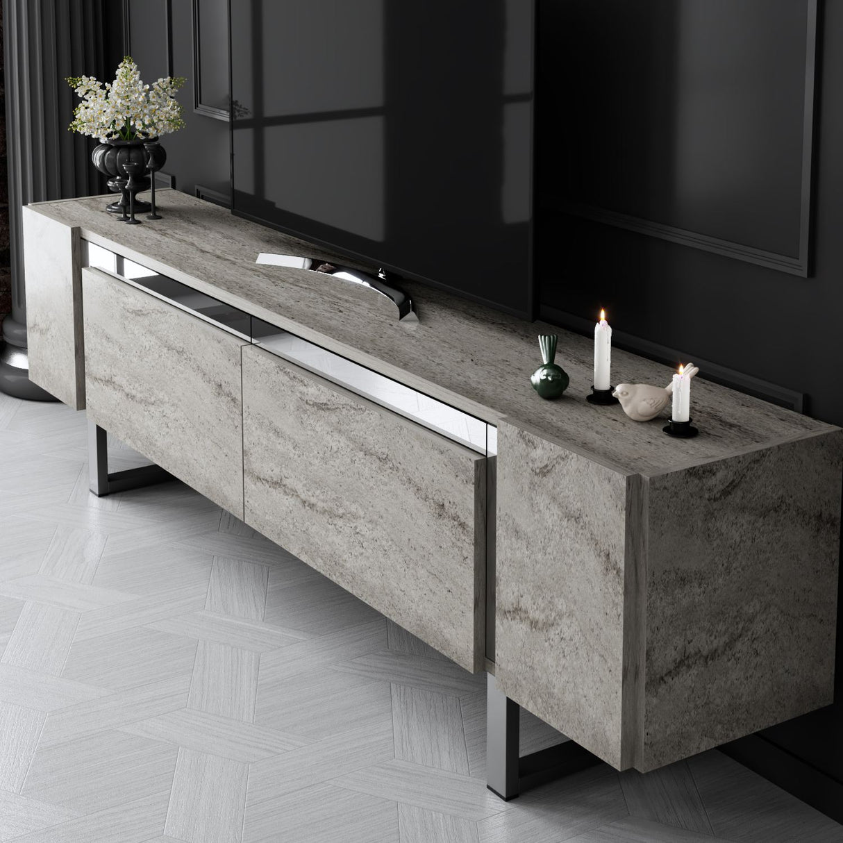 Meuble TV Travertin Yildiz 180x50x30 - Cadre Argent