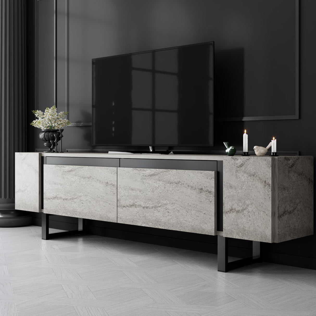 Meuble TV Travertin Yildiz 180x50x30 - Cadre Noir