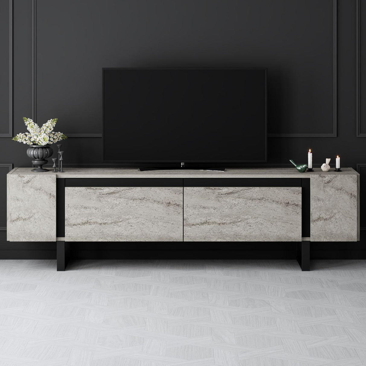 Meuble TV Travertin Yildiz 180x50x30 - Cadre Noir