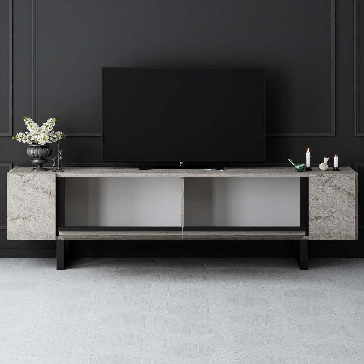 Meuble TV Travertin Yildiz 180x50x30 - Cadre Noir