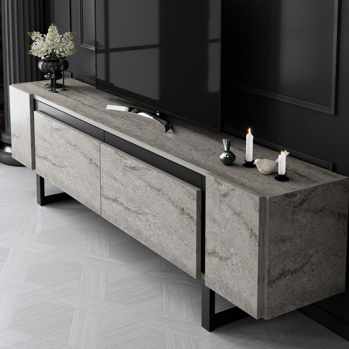 Meuble TV Travertin Yildiz 180x50x30 - Cadre Noir