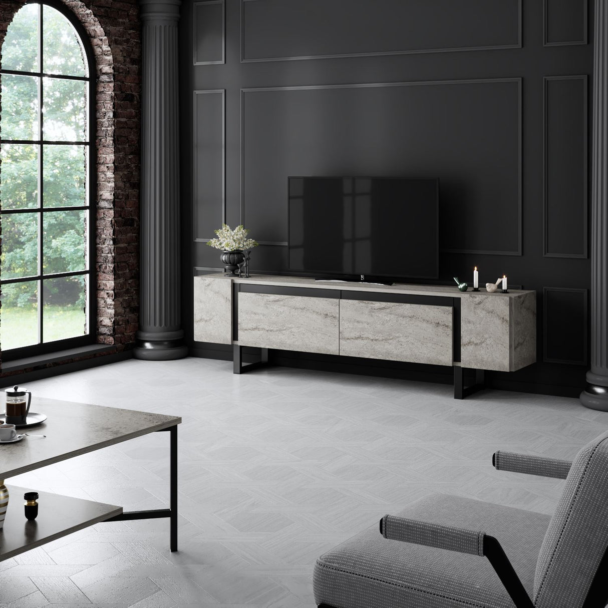 Meuble TV Travertin Yildiz 180x50x30 - Cadre Noir