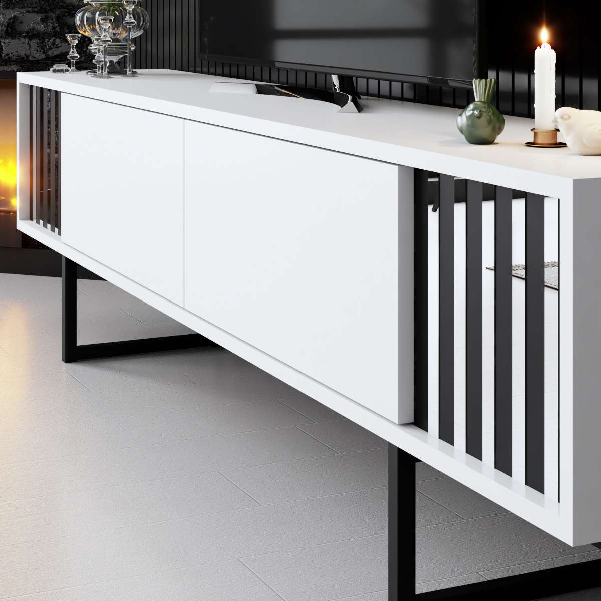 TV Meubels - TV Meubel Wit Chrome Line 180x48x30 - Zwart Frame - Dimehouse