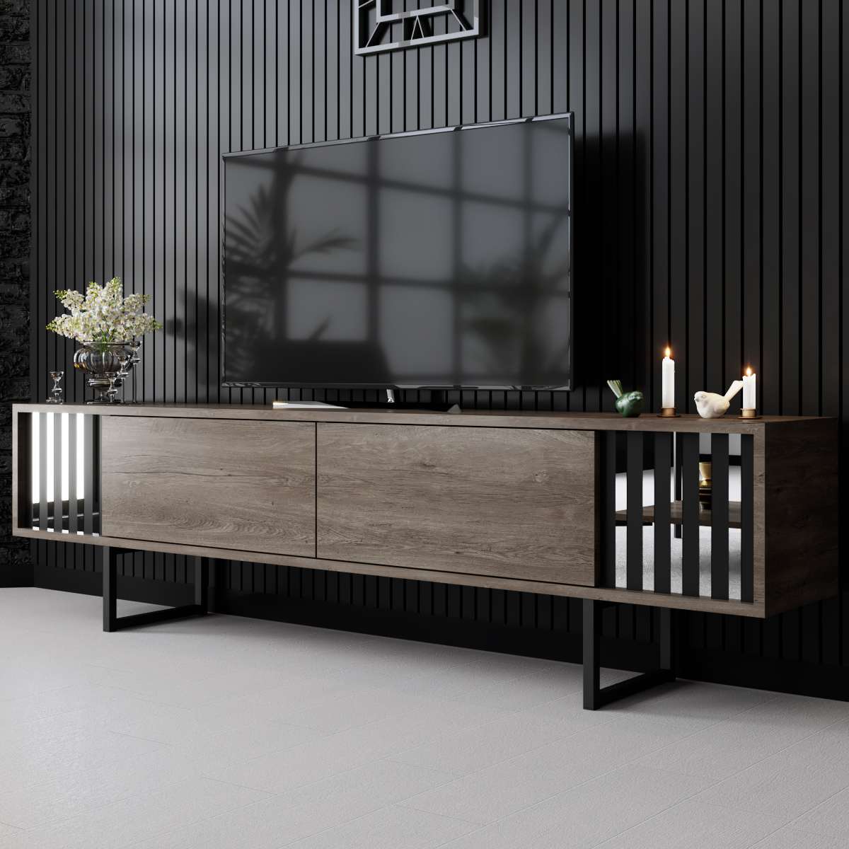 Meuble TV Noyer Chrome Line 180x48x30 - Cadre Noir