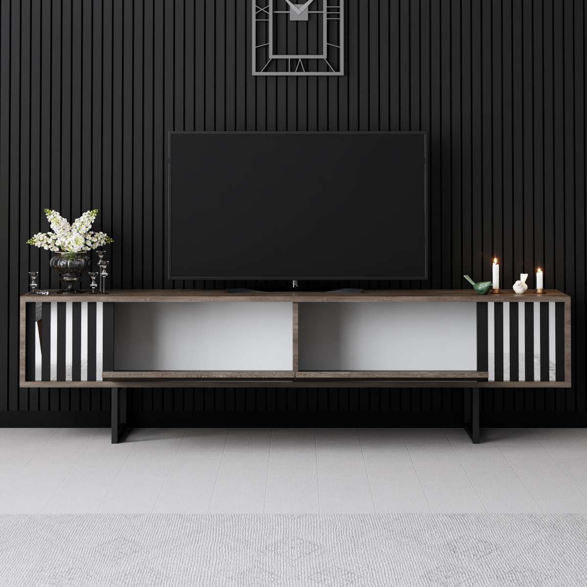 Meuble TV Noyer Chrome Line 180x48x30 - Cadre Noir