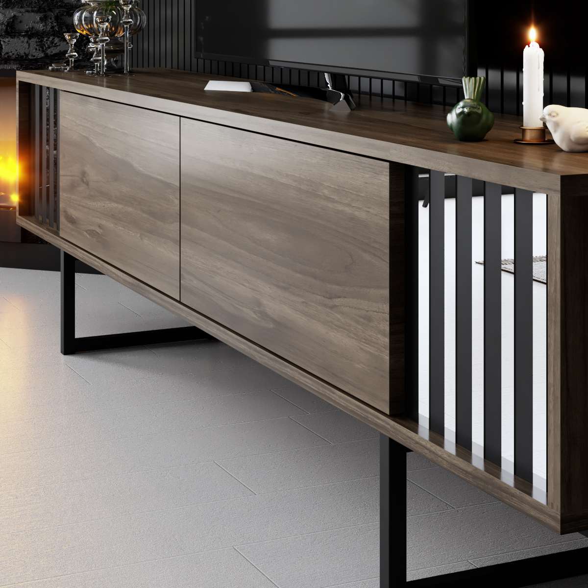 Meuble TV Noyer Chrome Line 180x48x30 - Cadre Noir