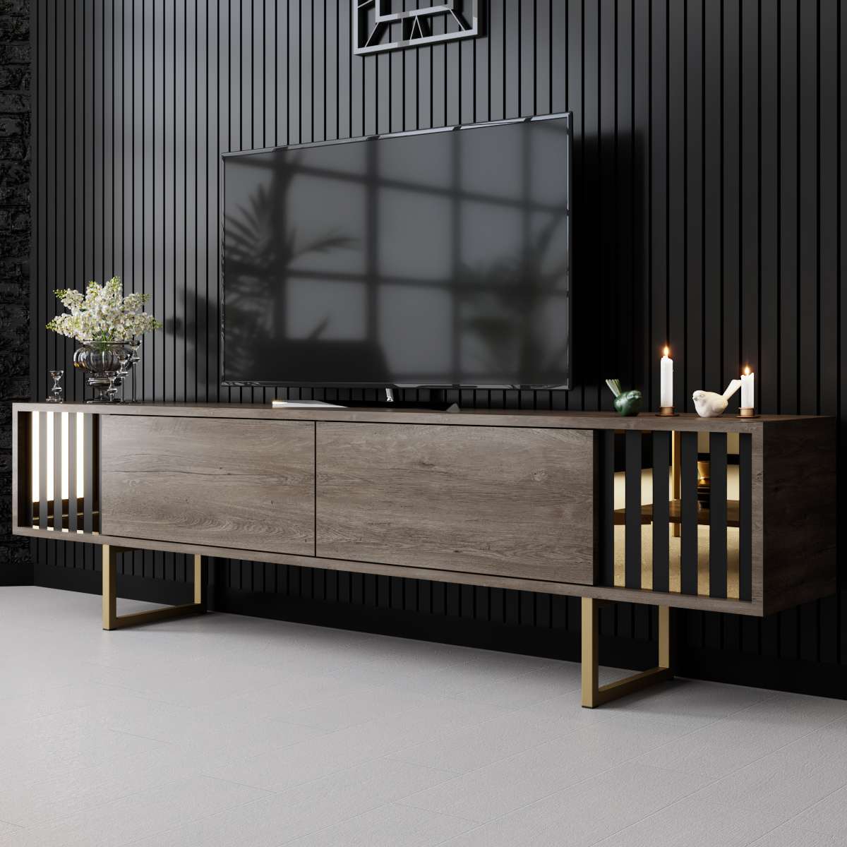 Meuble TV Noyer Gold Line 180x48x30 - Cadre doré