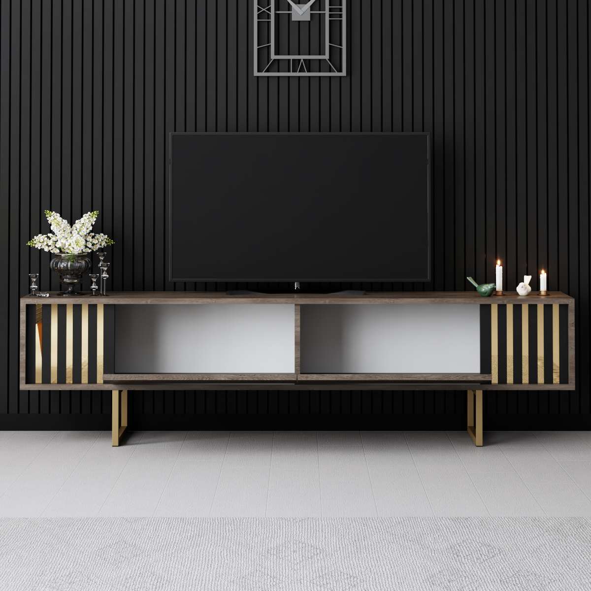 Meuble TV Noyer Gold Line 180x48x30 - Cadre doré