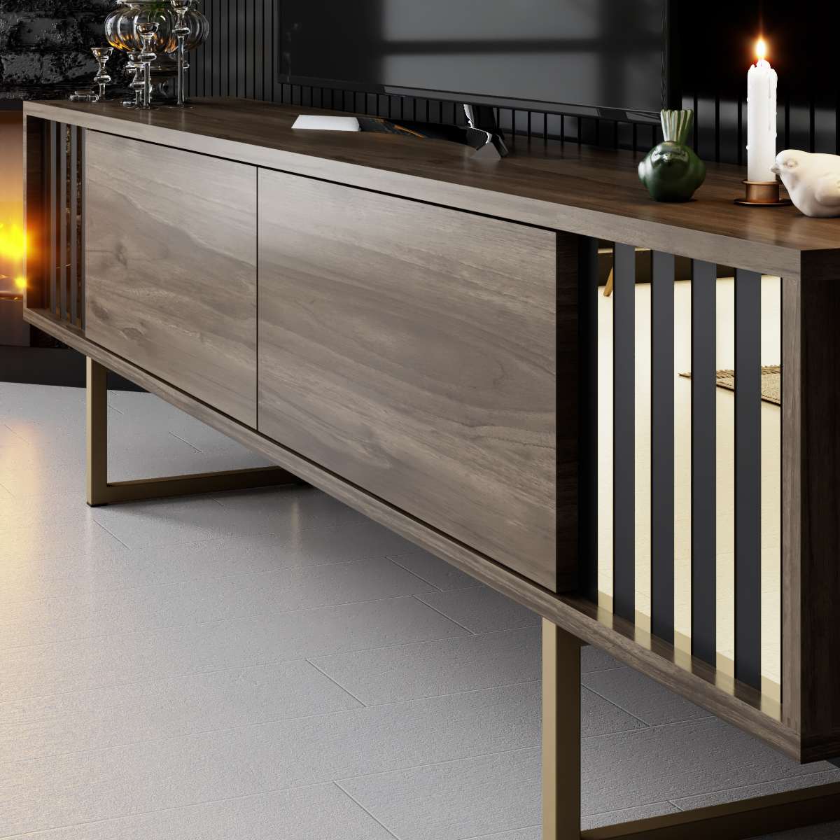 Meuble TV Noyer Gold Line 180x48x30 - Cadre doré