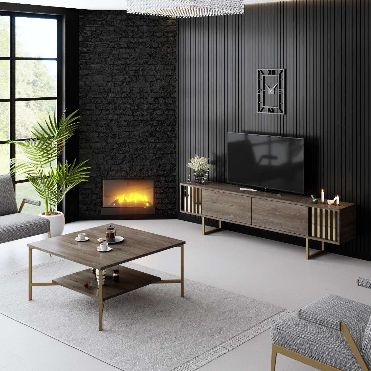 Meuble TV Noyer Gold Line 180x48x30 - Cadre doré