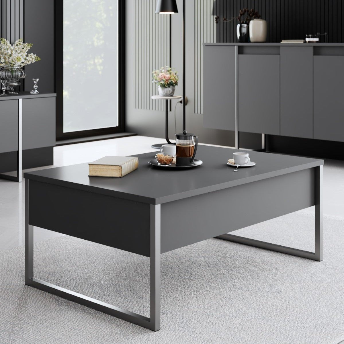 Table basse rectangulaire Anthracite Luxe 90x60 - Cadre argenté