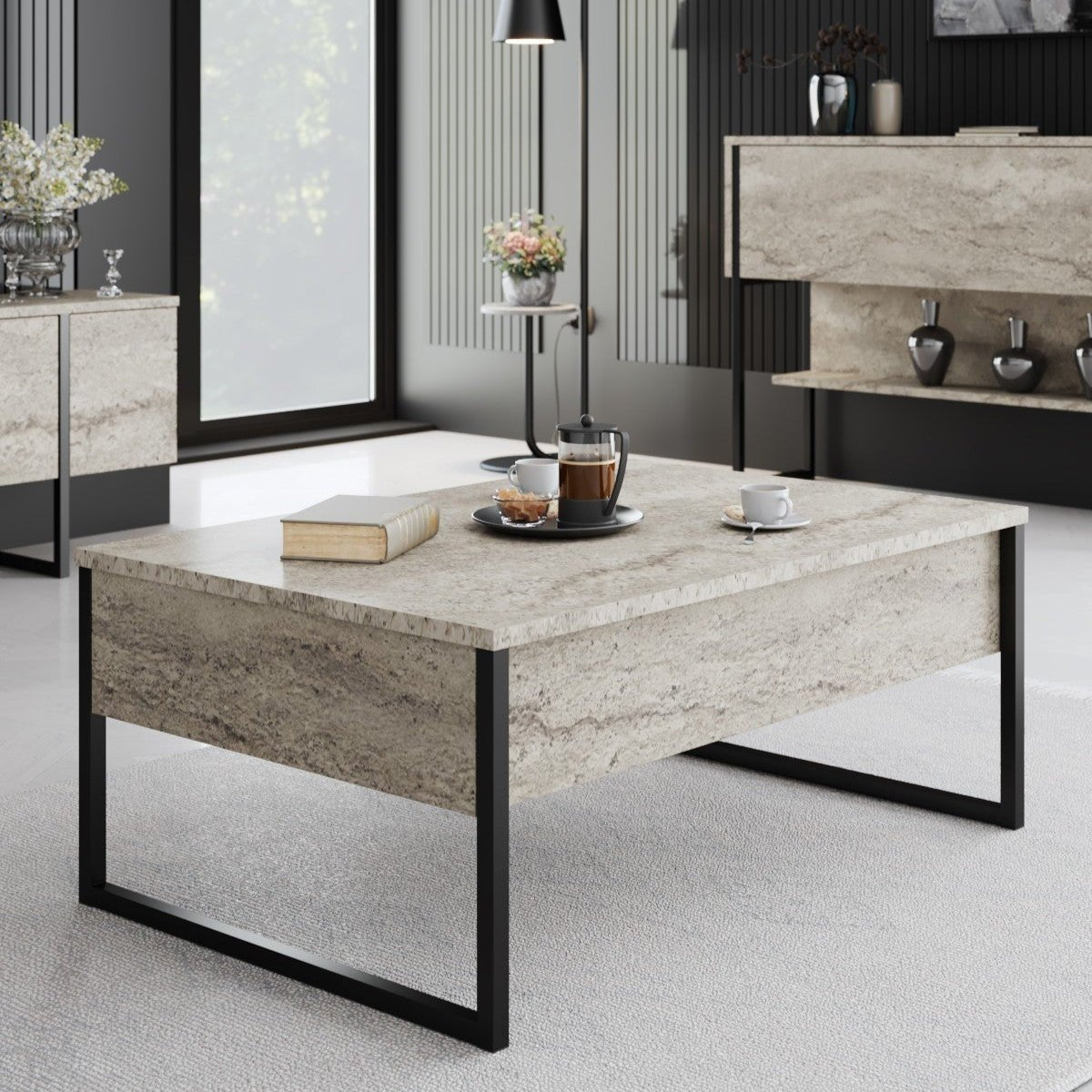 Table basse rectangulaire en travertin de luxe 90x60 - Cadre noir