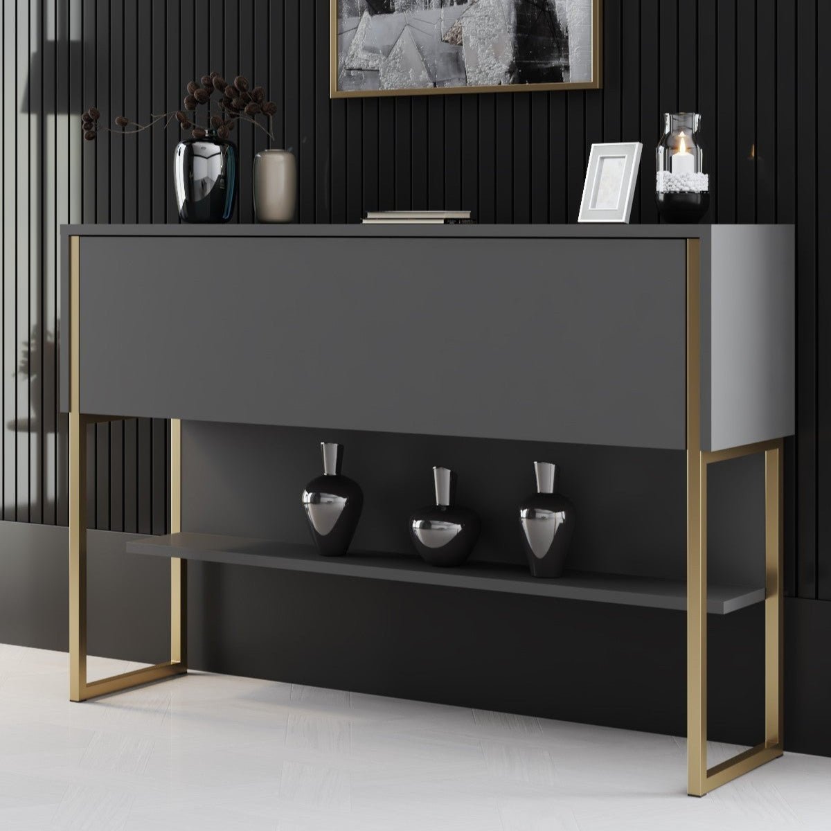 Buffet Moderne Anthracite Luxe 120x80x30 - Cadre Doré - Un Compartiment