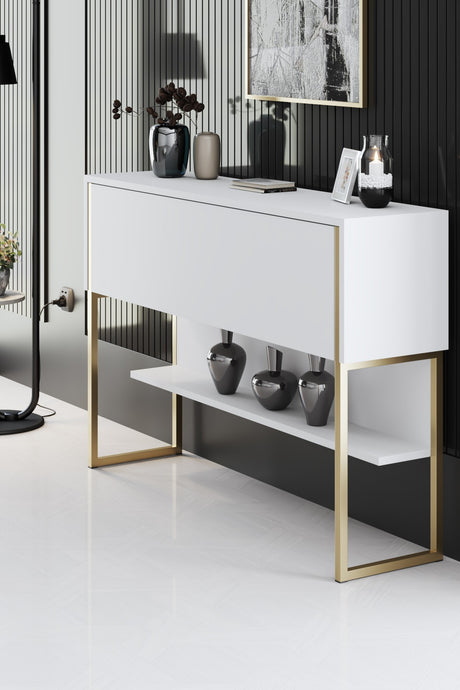 Buffet Moderne Blanc Luxe 120x80x30 - Cadre Doré - Une Étagère