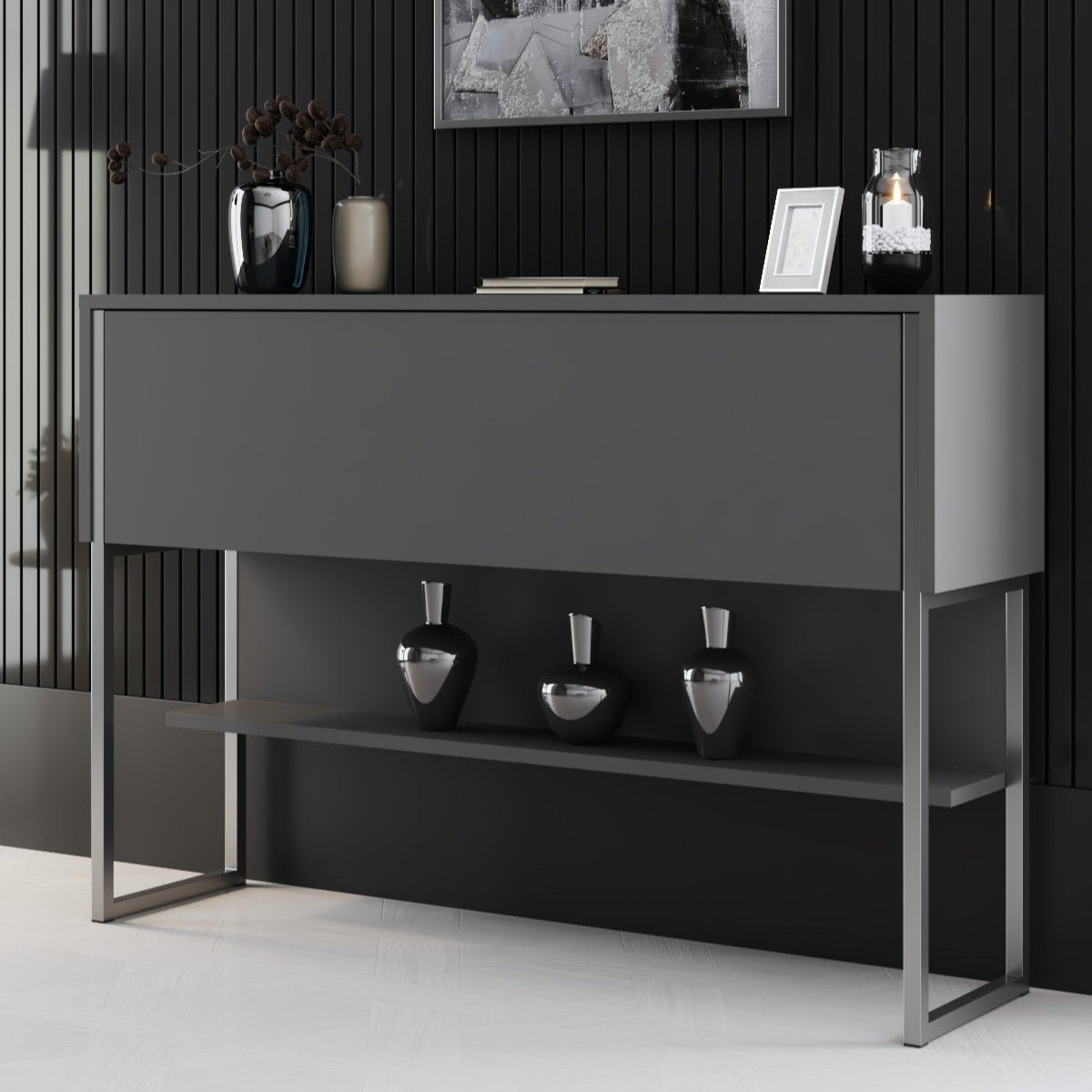 Buffet Moderne Anthracite Luxe 120x80x30 - Cadre Argent - Une Case