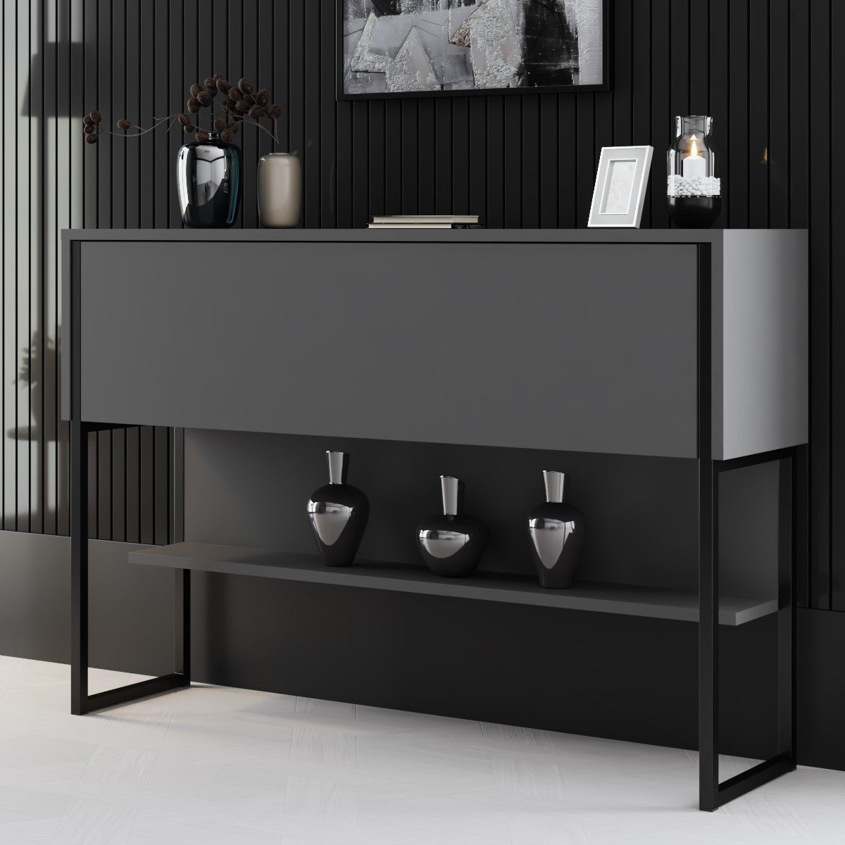Buffet Moderne Anthracite Luxe 120x80x30 - Cadre Noir - Une Étagère